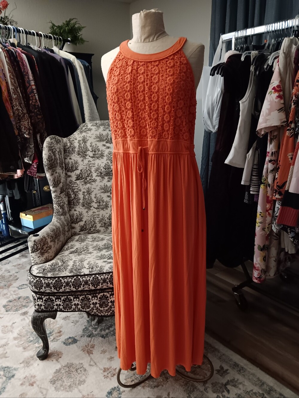 Sleeveless Orange Crochet Yoke Maxi Dress